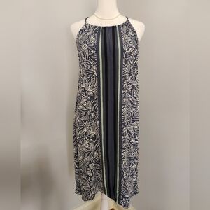 LOFT Tweed Ruffle Navy and Cream Leaf Print Midi Dress M